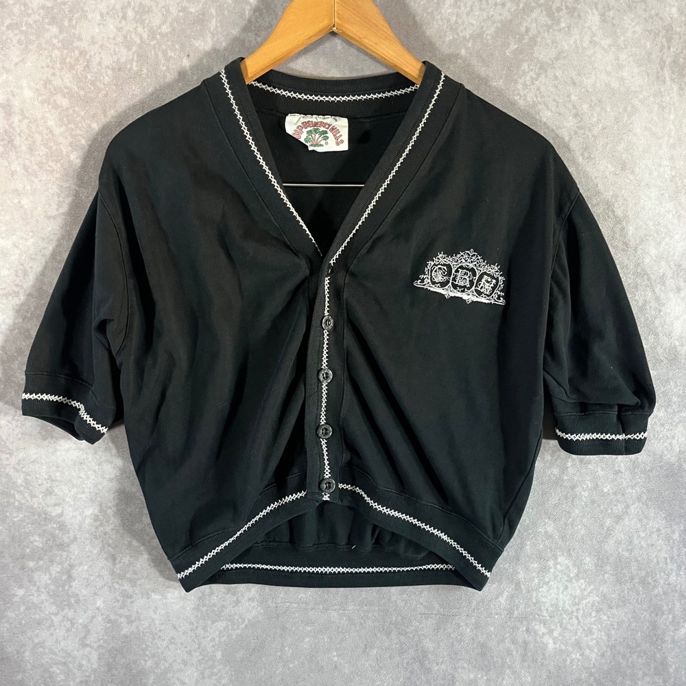 Camp Beverly‎ Hills Cardigan Women L Black Crop Short Sleeve Embroidered Vintage